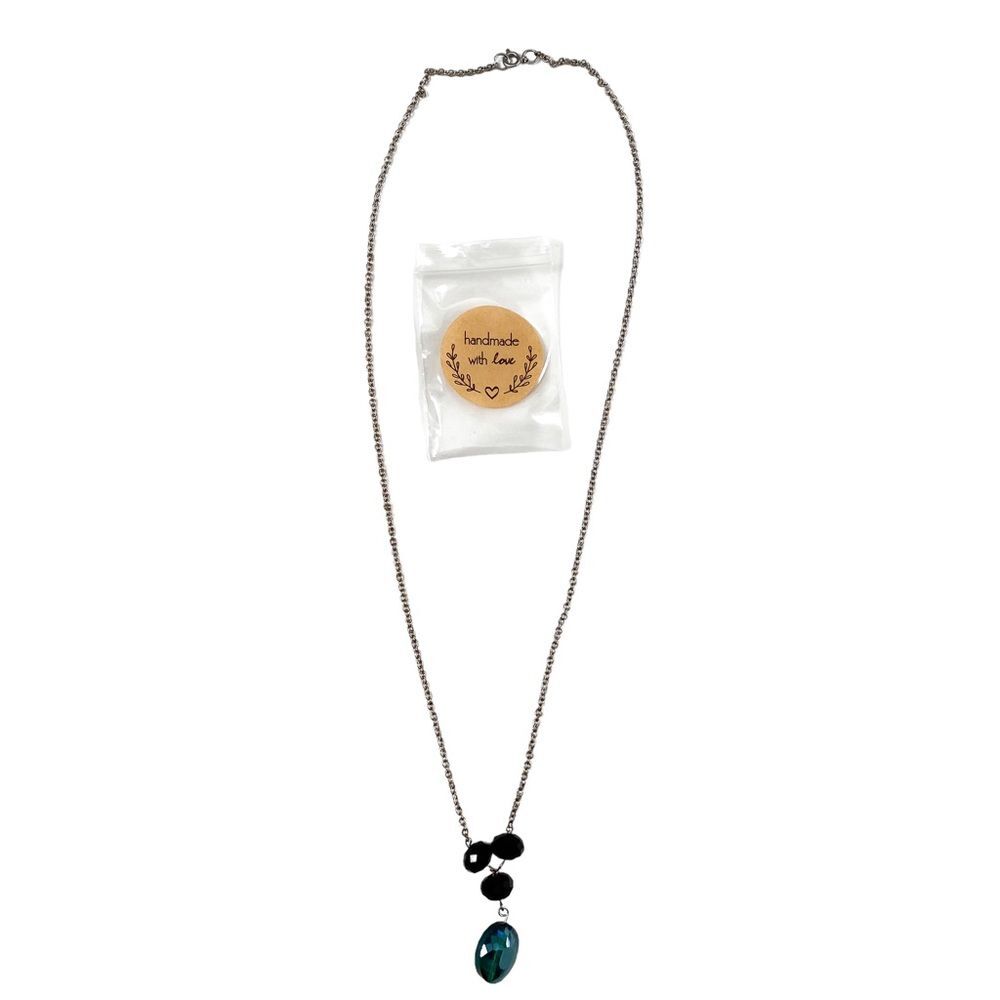 Handcrafted Silver Chain Long Blue & Black Stone Beaded Necklace Single Clasp